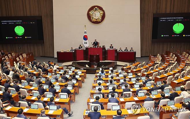 여당 없이 '지역화폐법' 통과 (서울=연합뉴스) 신준희 기자 = 19일 국회 본회의에서 국민의힘 의원들이 불참한 가운데 지역화폐법이 통과되고 있다. 2024.9.19 hama@yna.co.kr