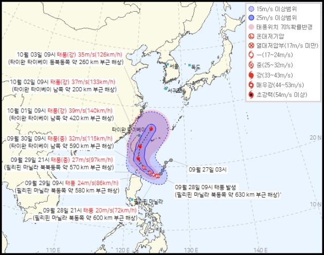 필리핀 해상에서 발생한 제18호 태풍 '끄라톤'은 한반도 북상 가능성이 있어 기상청이 주시하고 있다. 끄라톤 예상 이동 경로. /기상청