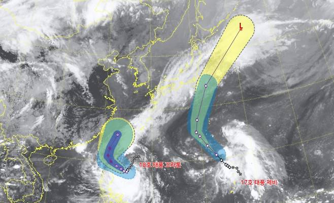 2024년 가을태풍 2개가 동시에 북상하고 있는 가운데, 제18호 태풍 ‘끄라톤’의 경로가 심상찮다. 향후 진로는 매우 유동적이지만, 우리나라 영향 가능성도 제기되고 있다.현재 북상 중인 태풍은 제17호 태풍 '제비(JEBI)'와 제18호 태풍 '끄라톤(KRATHON)'이다. ⓒ기상청: 태풍 현재위치와 예상경로