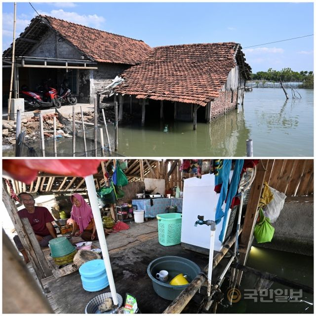 지역주민 수라틴씨가 사는 집(윗 사진). 처마의 차이가 그동안 높아진 해수면을 보여준다. 지금은 부엌으로 사용하고 있다.