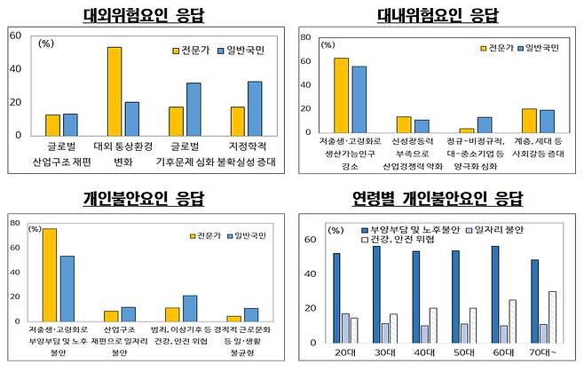 한국개발연구원(KDI)이 지난 7월 30일부터 8월 22일까지 전문가 331명, 일반 국민 1000명을 대상으로 '미래 위험과 불안 요인'에 대해 설문조사한 결과. /기획재정부 제공