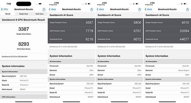 좌측부터 긱벤치 6 CPU 성능, 긱벤치 AI CPU, GPU, 뉴럴 엔진 성능 점수 / 출처=IT동아