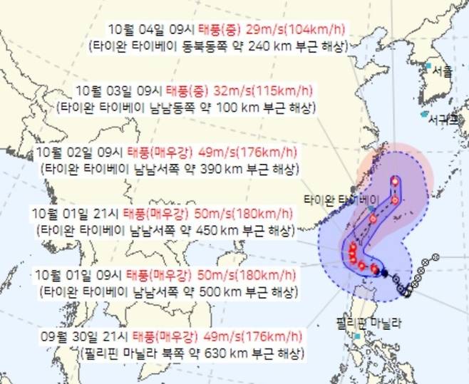 지난 28일 필리핀 마닐라 부근 해상에서 발생한 18호 태풍 ‘끄라톤’이 북상 중이다. 30일 대만 남쪽 해역에 위치한 ‘끄라톤’이 10월로 접어들며 대만 동쪽을 지나 북상할 것으로 예상된다. (기상청 제공)