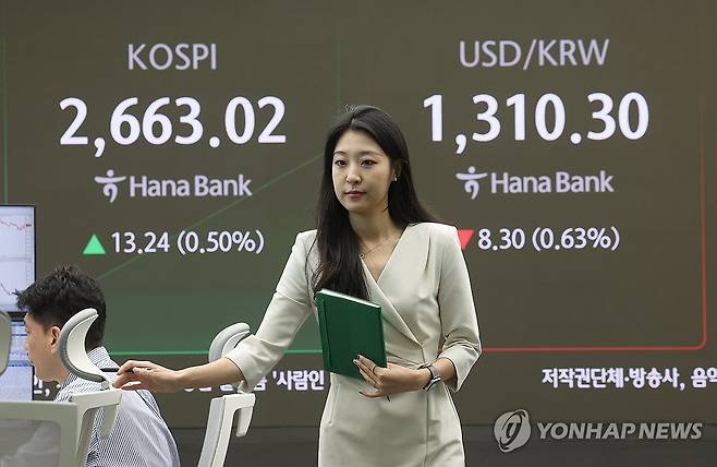 코스피 2,660대서 상승 출발 (서울=연합뉴스) 박동주 기자 = 코스피가 상승 출발한 30일 오전 서울 중구 하나은행 본점 딜링룸에서 직원들이 업무를 보고 있다. 2024.9.30 pdj6635@yna.co.kr