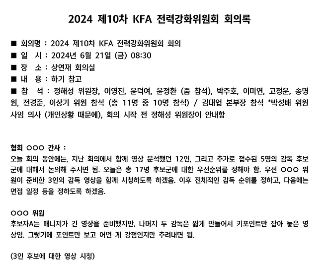 ▲ 홍명보 축구대표팀 선임 과정이 불공정하다는 지적을 받고 있다. 홍명보 감독은 전력강화위원회를 통해 1순위에 올랐기에 대한축구협회의 제안을 수락했다고 주장했다. 축구협회가 공개한 10차 회의록에는 실제로 홍명보 감독을 1순위로 추천한 사실을 볼 수 있다. 절차상 문제가 없다는 홍명보 감독의 주장은 사실로 보인다. 다만 평가 객관성 문제까지 해소하지는 못했다. ⓒ 대한축구협회