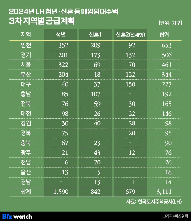 024년 LH 청년 신혼 등 매입임대주택 3차 지역별 공급계획/그래픽=비즈워치