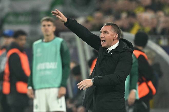 Celtic's Northern Irish head coach Brendan Rodgers reacts during the UEFA Champions League football match between Borussia Dortmund and Celtic in Dortmund, western Germany on October 1, 2024. (Photo by INA FASSBENDER / AFP)<저작권자(c) 연합뉴스, 무단 전재-재배포, AI 학습 및 활용 금지>