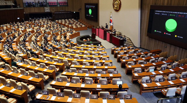 지난달 19일 국회 본회의에서 국민의힘 의원들이 불참한 가운데 ‘김건희 특검법’이 통과되고 있다. 윤석열 대통령이 지난 2일 이 법안과 ‘채 상병 특검법’ ‘지역화폐법’에 대한 재의요구권을 행사해, 오는 4일 국회 본회의에서 3개 법안에 대한 재표결이 이뤄진다. 김경호 선임기자 jijae@hani.co.kr