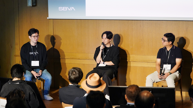 (왼쪽부터)파이어사이드 챗 세션. (왼쪽부터)최지현 SBVA 상무, 우치야마 유타 소다 대표, 김영기 크림 CFO[사진제공=SBVA]