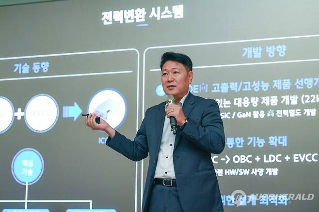 현대모비스 이영국 전동화엔지니어링실장이 '전동화 3대 연구개발전략'을 소개하고 있다.
