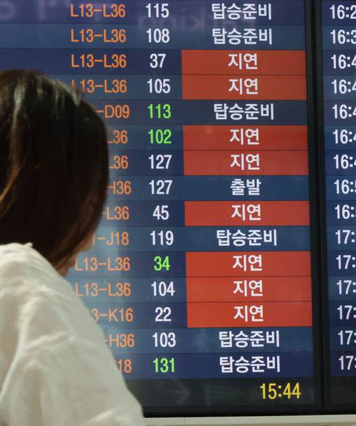 지난 7월 21일 인천국제공항 출국장 전광판에 항공편 지연을 알리는 안내가 표시되고 있다. 지난 19일 미국 마이크로소프트(MS) 클라우드 서비스 장애와 관련해 인천공항에 취항하는 국내외 항공사들의 발권시스템 먹통으로 항공기 지연·결항이 속출한 모습. 사진과 기사는 관련 없음. [이승환 기자]