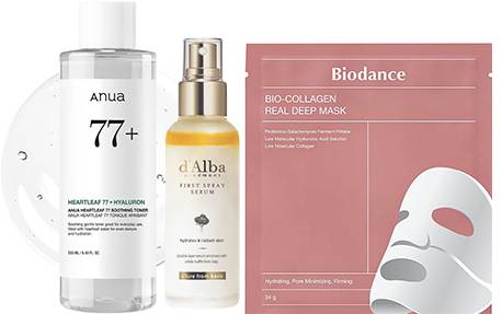 아마존에서 부문별 1위에 오른 아누아 토너(왼쪽), 달바 세럼(가운데), 바이오던스 마스크팩 제품. [사진 아마존]