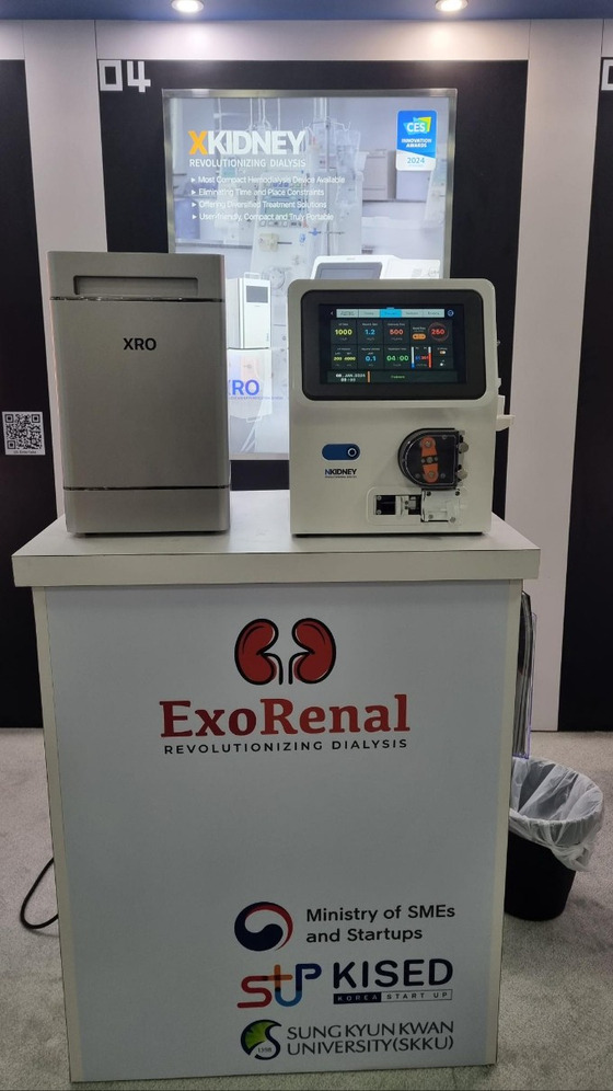 ExoRenal's two flagship devices for portable hemodialysis, XRO and Xkidney, displayed at the CES 2024 in Las Vegas in January.[EXORENAL]