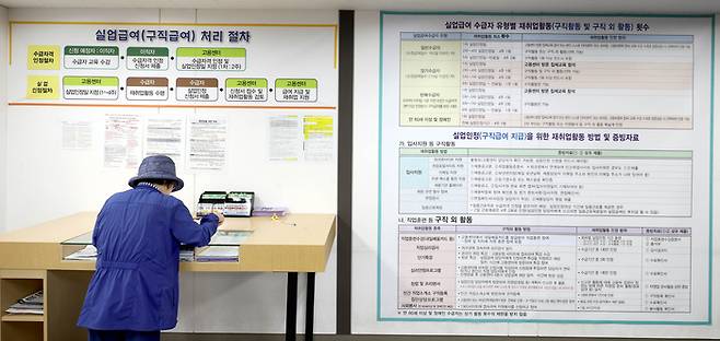 서울의 한 고용복지플러스센터에서 한 시민이 관련 자료를 보고 있다. [이충우 기자]