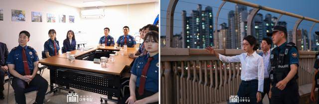 정장 차림의 김건희 여사가 지난해 8월 28일 서울 마포경찰서 용강지구대에서 열린 자살시도자 구조 현장 경찰관들과의 간담회에서 자살시도자 대응 및 구조 영상을 시청하고 있다(왼쪽 사진). 오른쪽은 지난달 10일 세계 자살예방의 날을 맞아 서울 마포대교를 방문해 경찰관들과 함께 자살 예방 현장을 둘러보는 김 여사의 모습. 대통령실 제공