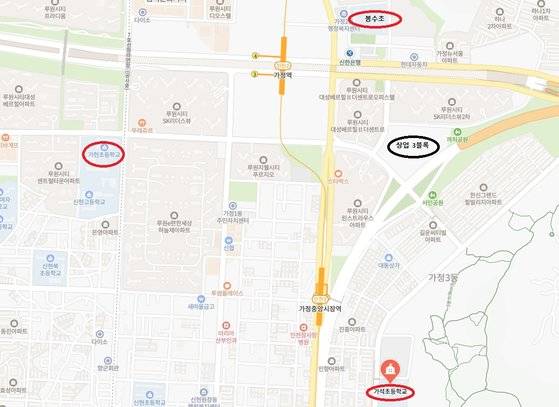 루원시티 인근 초등학교 배치 현황. 상업 3블록에 들어설 오피스텔 입주민은 약 1km 떨어진 가석초등학교에 배치될 예정이다. 사진 네이버 지도 캡쳐