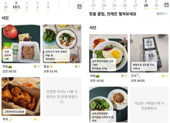 김씨가 평소 날짜별로 기록하는 저탄건지 식단. 사진 김씨 제공