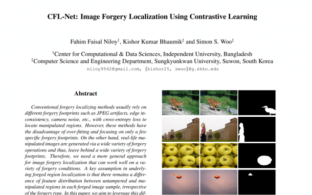 지난해 우 교수가 발간한 '대조 학습을 이용한 이미지 위조 탐지' 논문 (사진=CVF 오픈 액세스 캡처)