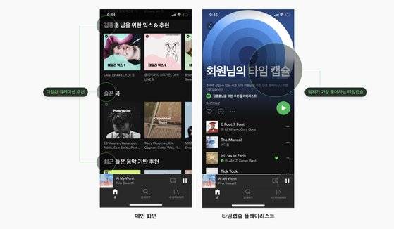 메인 화면과 타임캡슐 플레이리스트 화면. 사용자를 위해 다양한 방식으로 음악을 추천해준다.