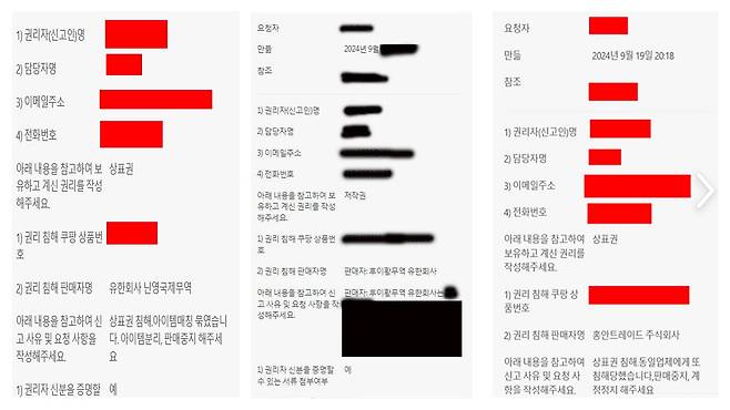 국내 판매자들이 중국 업체로부터 지식재산권을 침해받았다며 쿠팡에 신고한 내용들. /독자 제공