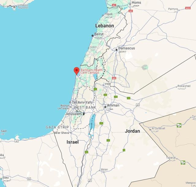 이스라엘 북부 하이파에 있는 람밤 병원(붉은 표시)은 레바논 국경과 40여 ㎞ 떨어져 있다. 구글 지도 캡처