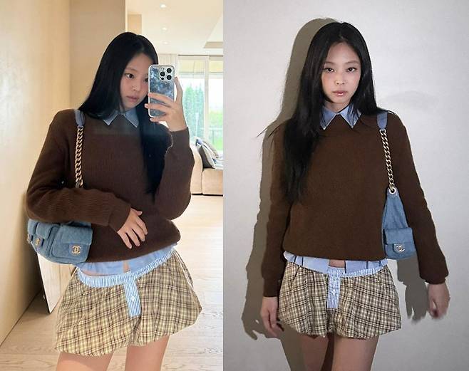 제니가 감각적인 가을 프레피룩으로 눈길을 끌었다.사진=제니 SNS