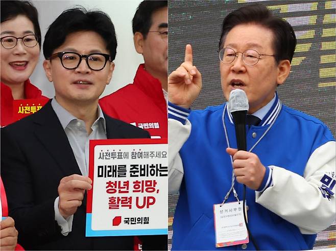 국민의힘 한동훈, 더불어민주당 이재명 대표가 9일 구청장 보궐선거가 열리는 부산 금정구를 찾아 자당 후보의 지지를 호소했다. (사진=연합뉴스)