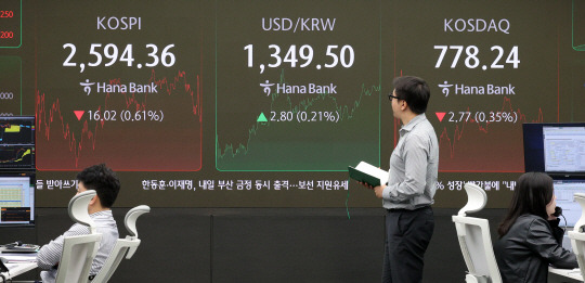 코스피가 전 거래일(2610.38)보다 16.02포인트(0.61%) 8일 오후 서울 중구 하나은행 본점 딜링룸에서 딜러들이 업무를 수행하고 있다. 뉴시스