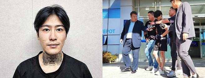 살인 혐의 피의자 박대성의 도깨비 문양 목 문신(왼쪽)과 수갑을 찬 채 검찰에 송치되는 박대성.