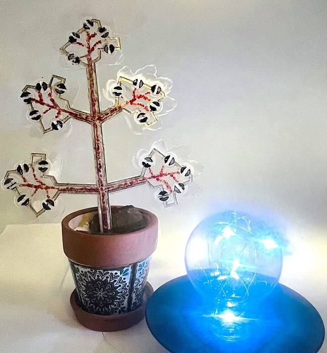 이산화탄소를 흡수해 산소도 공급하고 전기도 생산하는 인공식물이 개발됐다. 잎이 5개인 인공식물(왼쪽)이 생산한 전기로 엘이디 전구를 켜는 데 성공했다. 최석현 빙햄튼대 교수 제공