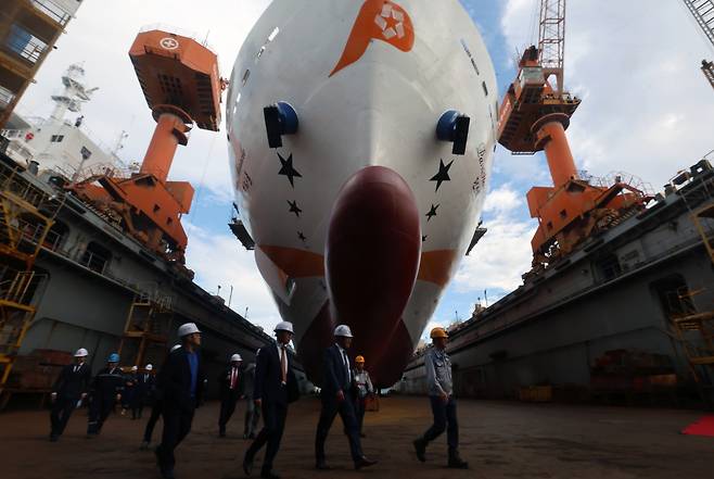 A commissioning ceremony for the cruise ferry Panstar Miracle takes place at Daesun Shipbuilding and Engineering in the southeastern port city of Busan on Oct. 10, 2024. [YONHAP]