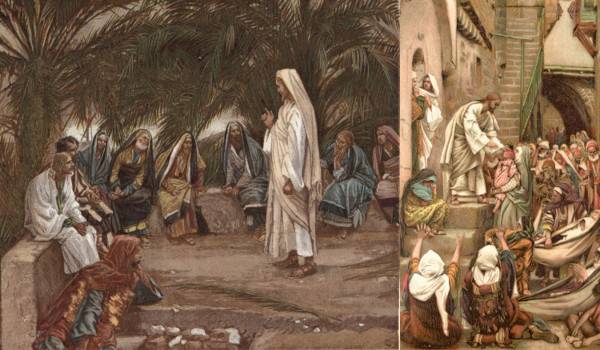 프랑스 화가 제임스 티소가 그린 신약성경 속 예수와 제자들 모습. “나중 된 자가 먼저 되고, 먼저 된 자가 나중 된다”(마 20:16)는 말씀을 전하는 모습을 묘사했다(왼쪽). 질병 치유를 위해 기도를 받고자 몰려온 이들에게 손을 뻗어 기도하는 예수 그리스도. 게티이미지뱅크