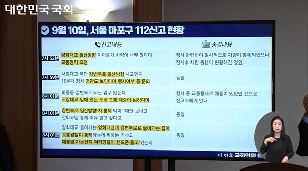 ▲김건희 여사가 지난달 10일 마포대교 위를 순찰할 당시 서울 마포구에 들어온 112 신고 내역을 이해식 민주당 의원실이 정리했다. 사진=국회방송.