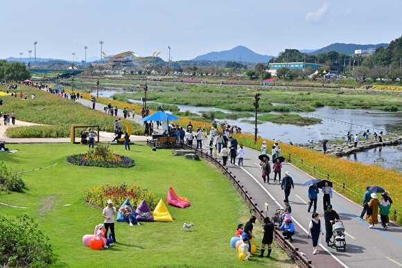 지난 13일 폐막한 장성 황룡강 가을꽃축제에 관광객들이 붐비고 있다. [사진=장성군]