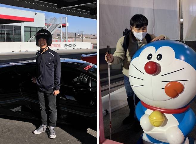 Seo In-ho takes a photo before boarding a racing car in Las Vegas, the U.S. in 2017 (left picture). Seo pats the head of a Doraemon sculpture during his trip to Tokyo, Japan, in 2022. Courtesy of Seo In-ho