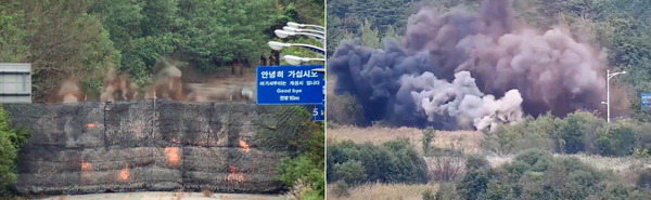 북한이 15일 경의선·동해선 남북 연결도로 일부 구간을 폭파했다고 합동참모본부가 밝혔다. 사진은 우리 군 CCTV에 잡힌 경의선(사진 왼쪽)과 동해선 도로 폭파 장면.  합참 제공