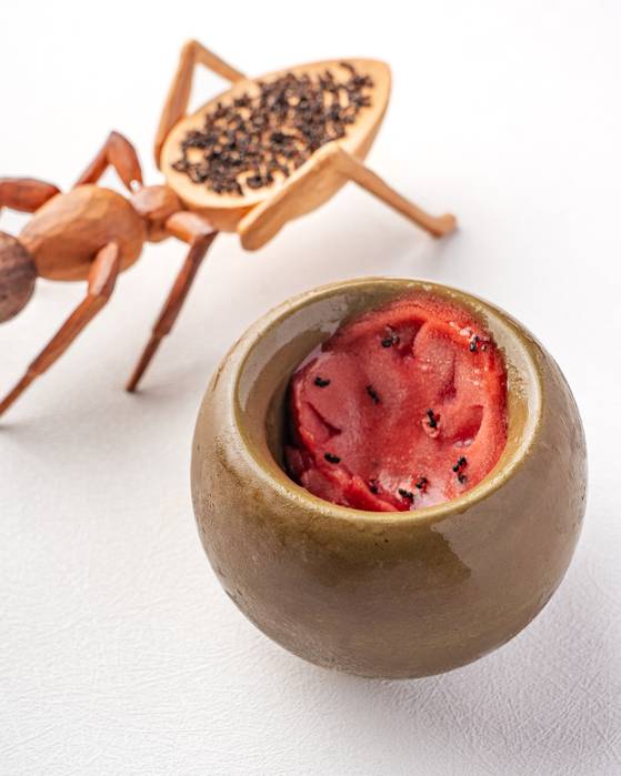 Sorbet topped with ants at EVETT in Gangnam District, southern Seoul [RESTAURANT EVETT]