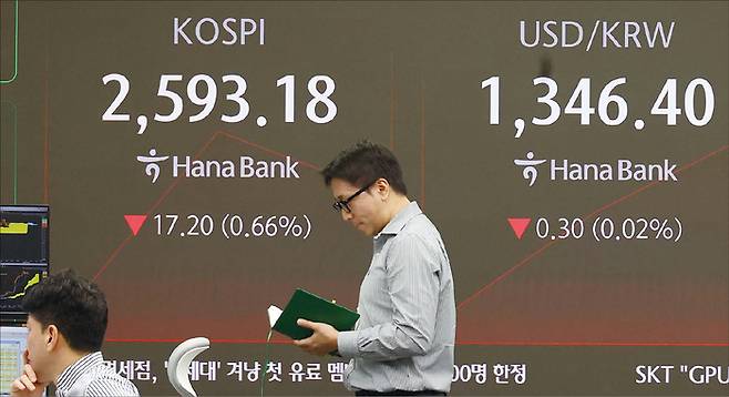 우리 증시는 대만, 인도 등 아시아 주요국 사이에서도 존재감이 미약하다. 산업 역동성이 실종되면서 증시에선 삼성전자 이후 ‘스타 기업’이 실종된 지 오래다. 사진은 서울 중구 하나은행 본점 딜링룸 모습. (연합뉴스)