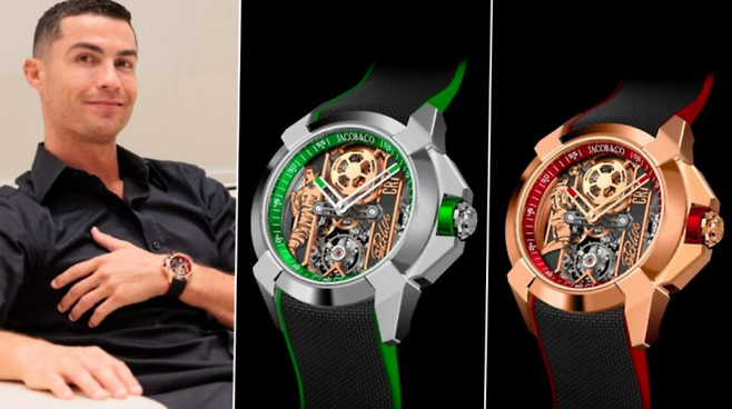 자신이 디자인한 시계를 차고 있는 호날두와 시계들