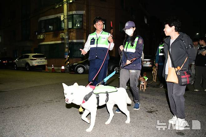 [안산=뉴시스] 이민근 안산시장이 15일 반려견 순찰대와 야간 합동 순찰을 하고 있다. (사진=안산시 제공) 2024.10.16. photo@newsis.com