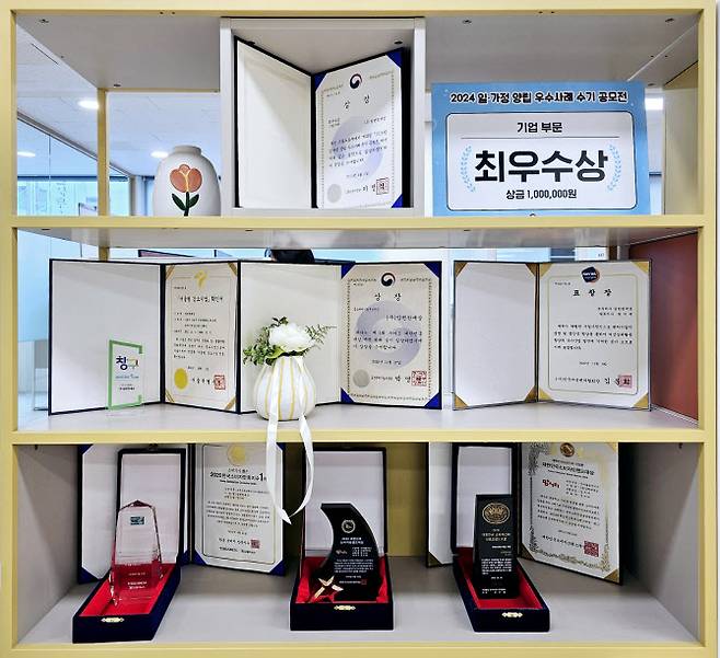 맘편한세상이 일가정 양립 우수기업으로 인정받아 다양한 기관에서 수상한 상장 및 상패. (사진=맘편한세상)