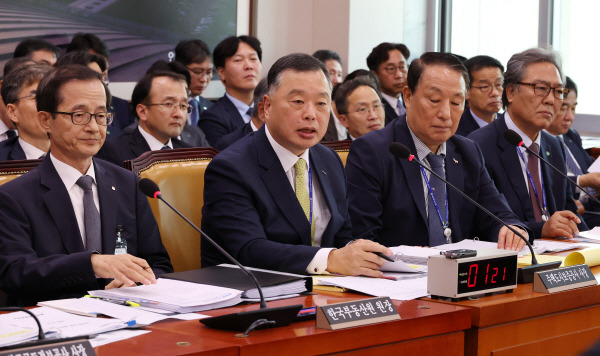 16일 오후 속개된 국회 국토교통위원회의 한국부동산원, 주택도시보증공사 등의 국정감사에서 유병태 주택도시보증공사 사장(왼쪽 두번째)이 의원 질의에 답변하고 있다. 연합뉴스