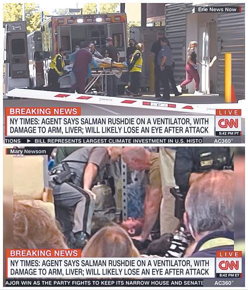 CNN broadcasts news of Salman Rushdie being attacked in 2022. [SCREEN CAPTURE]