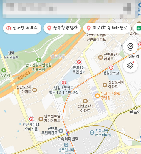 지난 선거에서 카카오맵이 ‘선거일투표소’ 탭을 통해 투표소를 안내하는 모습. [카카오맵 갈무리]