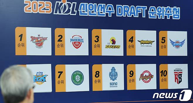 14일 오전 서울 강남구 논현동 KBL 센터에서 ‘2023 KBL 신인선수 드래프트 순위추첨’ 행사가 진행됐다. 추첨 결과는 1순위 수원 KT, 2순위 울산 모비스, 3순위 창원 LG, 4순위 서울 삼성, 5순위 대구 가스공사, 6순위 부산 KCC, 7순위 원주 DB, 8순위 고양 소노, 9순위 서울 SK, 10순위 안양 정관장. 2023.9.14/뉴스1 ⓒ News1 김진환 기자