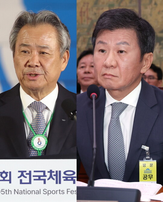 이기흥 대한체육회장(왼쪽)과 정몽규 대한축구협회장. ⓒ연합뉴스