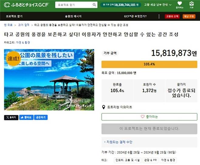 돗토리현의 지역공원을 지키는 GCF 프로젝트, 3개월만에 1,372명이 1억 5천만원을 모금 ⓒ 후루사토초이스GCF페이지 (https://www.furusato-tax.jp/gcf/3013)