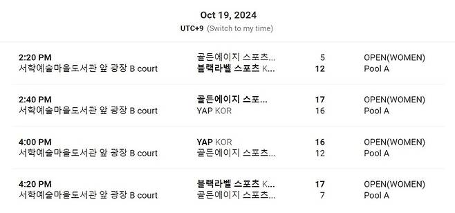 ▲여자오픈부 예선 경기결과