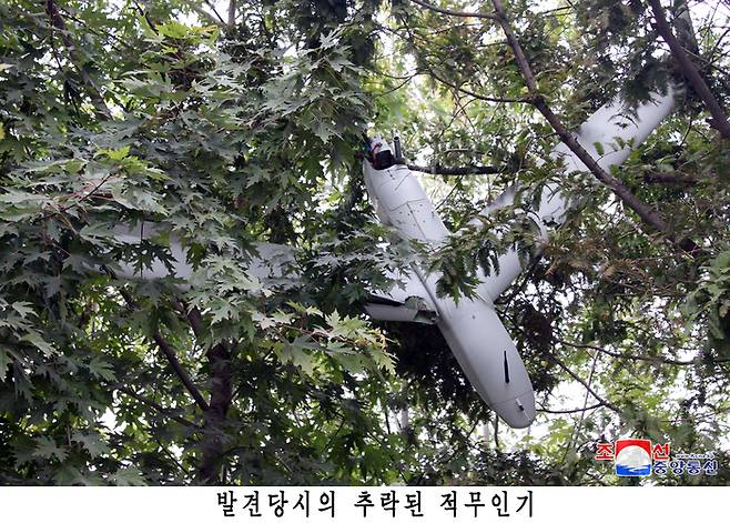 북한이 평양에서 한국군에서 운용하는 드론과 동일 기종의 무인기 잔해를 발견했다고 주장하며 관련 사진을 공개했다. [사진 출처 = 연합뉴스]