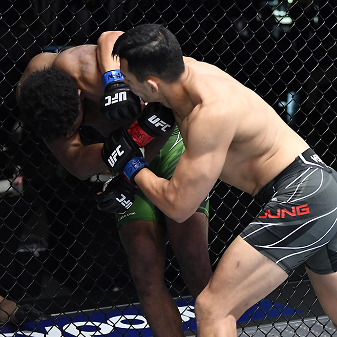 정다운(오른쪽)이 2021년 11월 UFC on ESPN+ 55에서 케네디 은제추쿠를 팔꿈치로 공격하고 있다. 사진=TKO